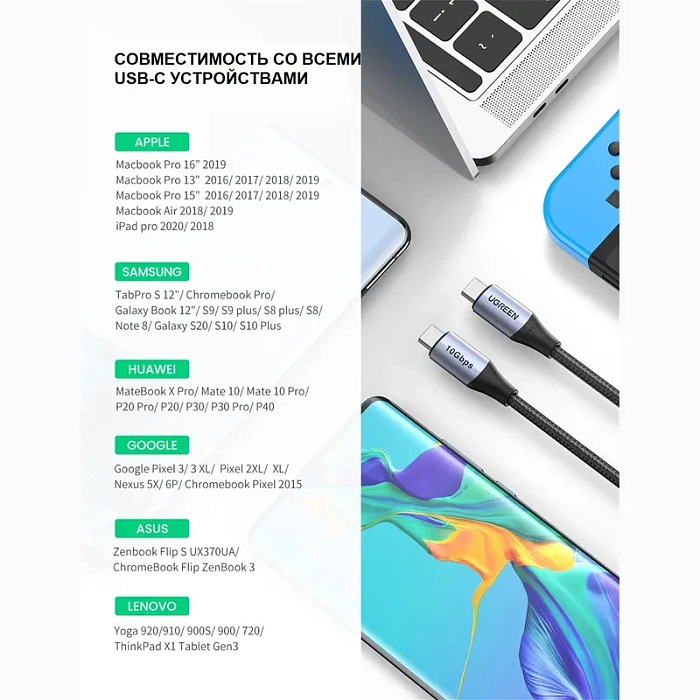 Кабель UGREEN USB-C 3.1 Gen 2 5A, 1 м (80150) - фото 5